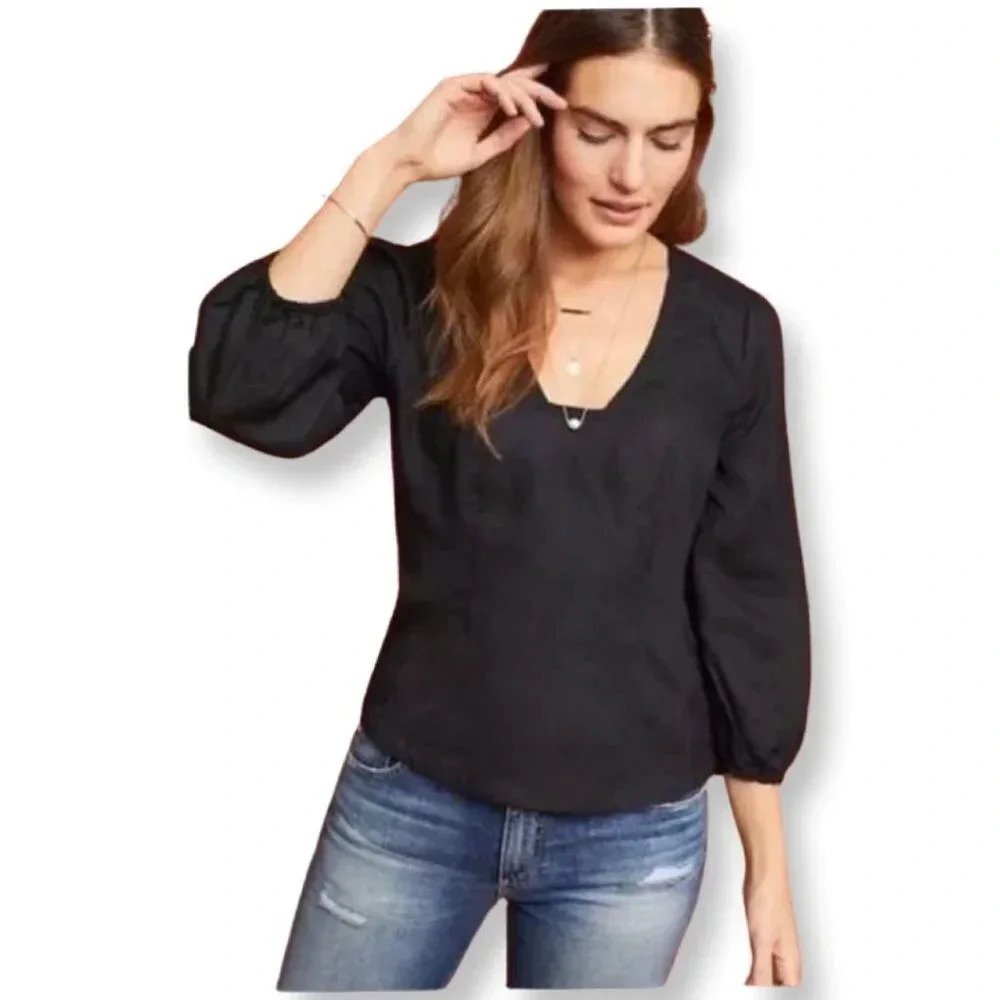 Anthro Maeve Becca Linen Blend Square Neck Puff Sleeve Black Blouse Size 2
